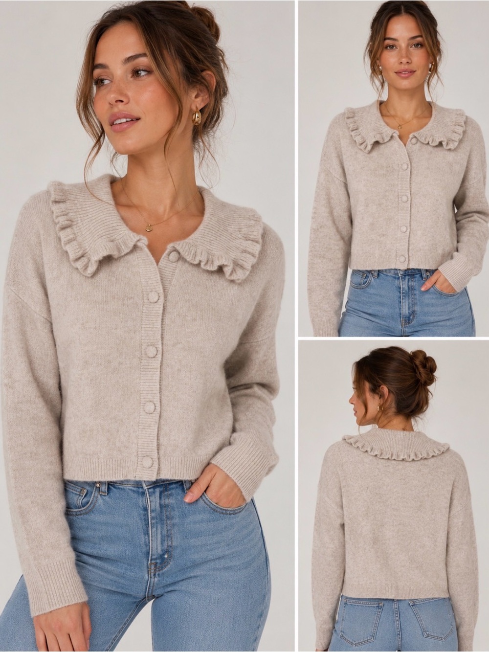 NWT Marled Reunited Clothing Ruffle Collar Cardigan Sweater Size S Oatmeal